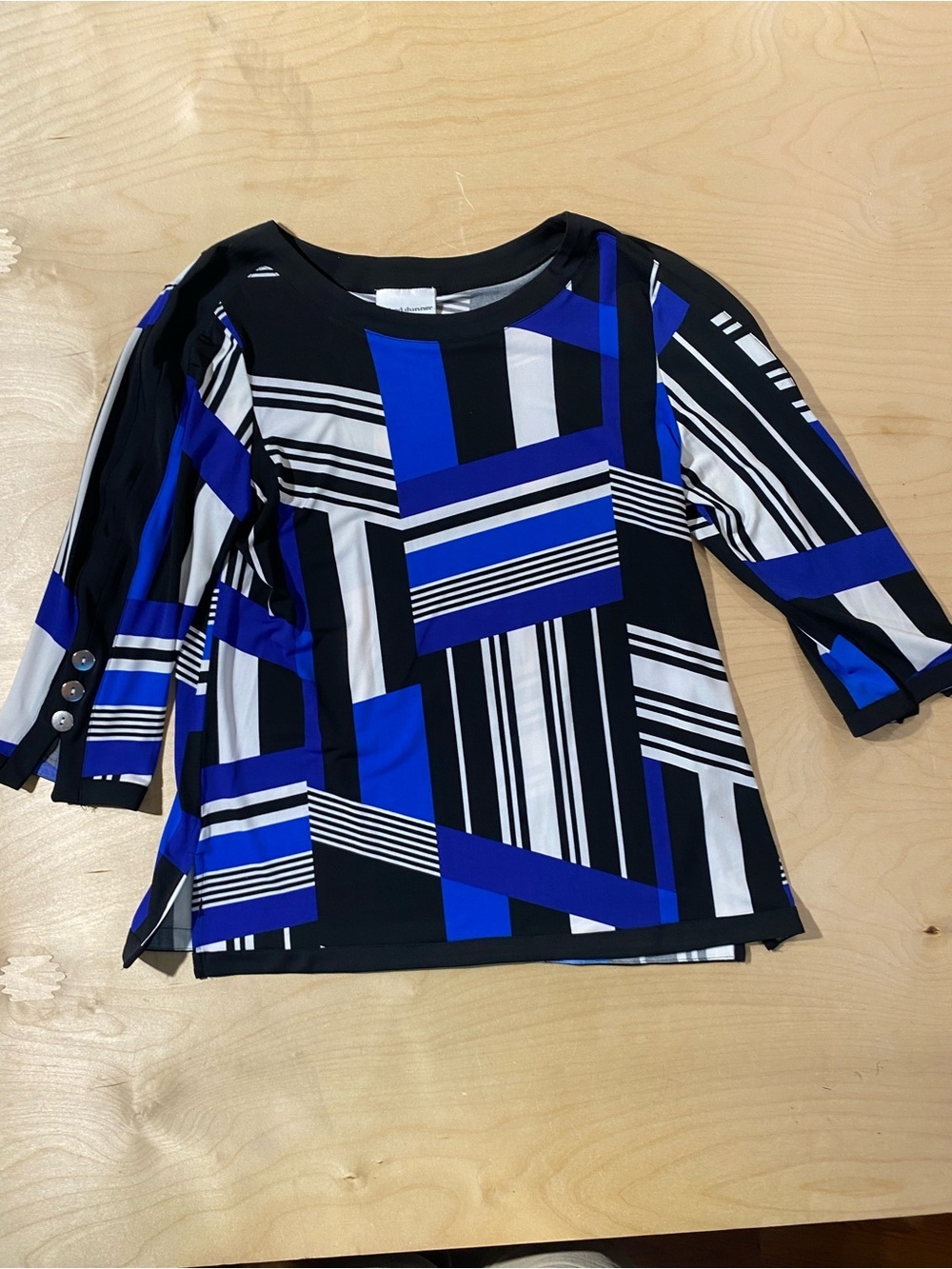 Alfred Dunner Blue Black White Geometric Long Sleeve Top Small (RT)
